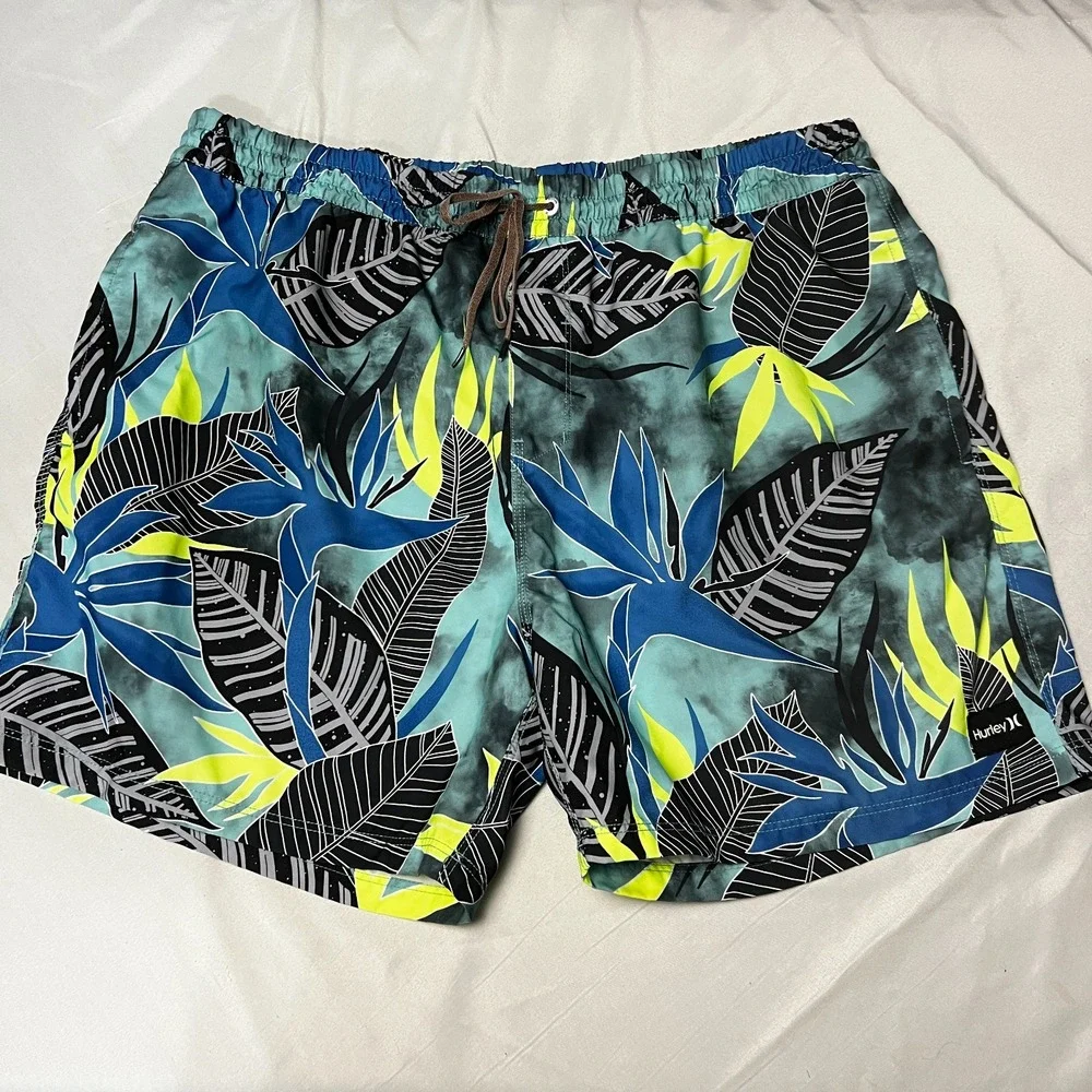 Hurley Mens Swim Trunks‎ Tropical Leaf Floral Print Drawstring XXL 5.5 inseam